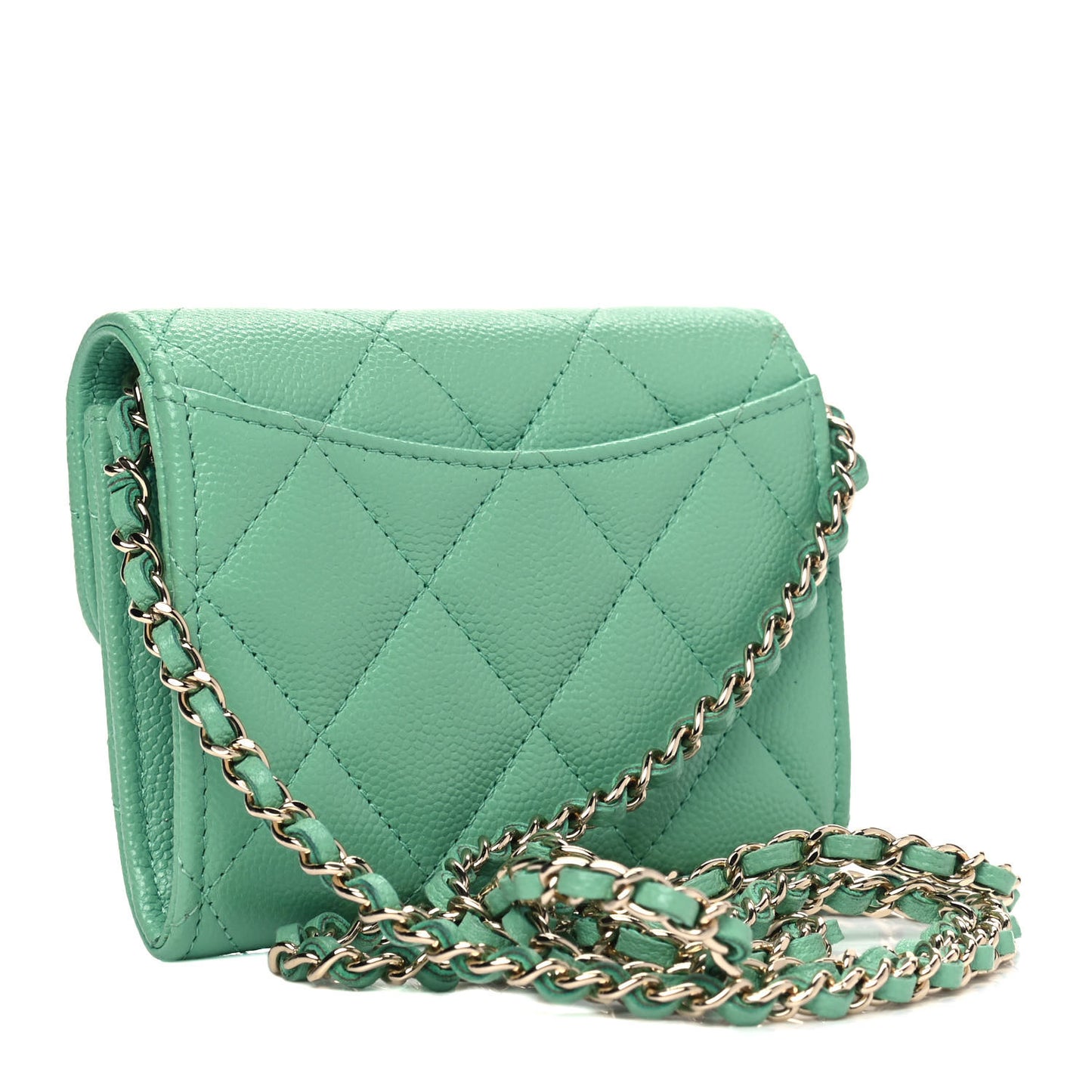 Caviar Quilted Flap Card Holder On Chain Light Green