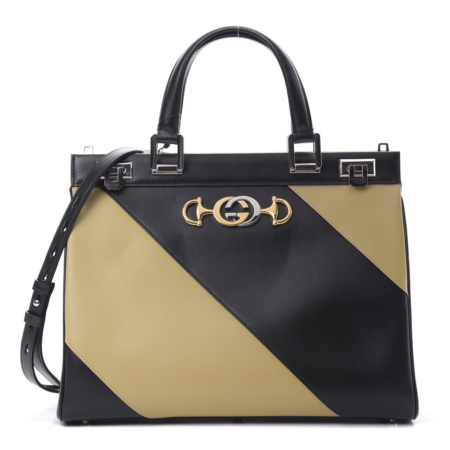 Gucci Smooth Calfskin Diagonal Striped Medium Zumi Top Handle Bag Black Beige 1 of 12