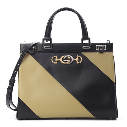 Gucci Smooth Calfskin Diagonal Striped Medium Zumi Top Handle Bag Black Beige 1 of 12