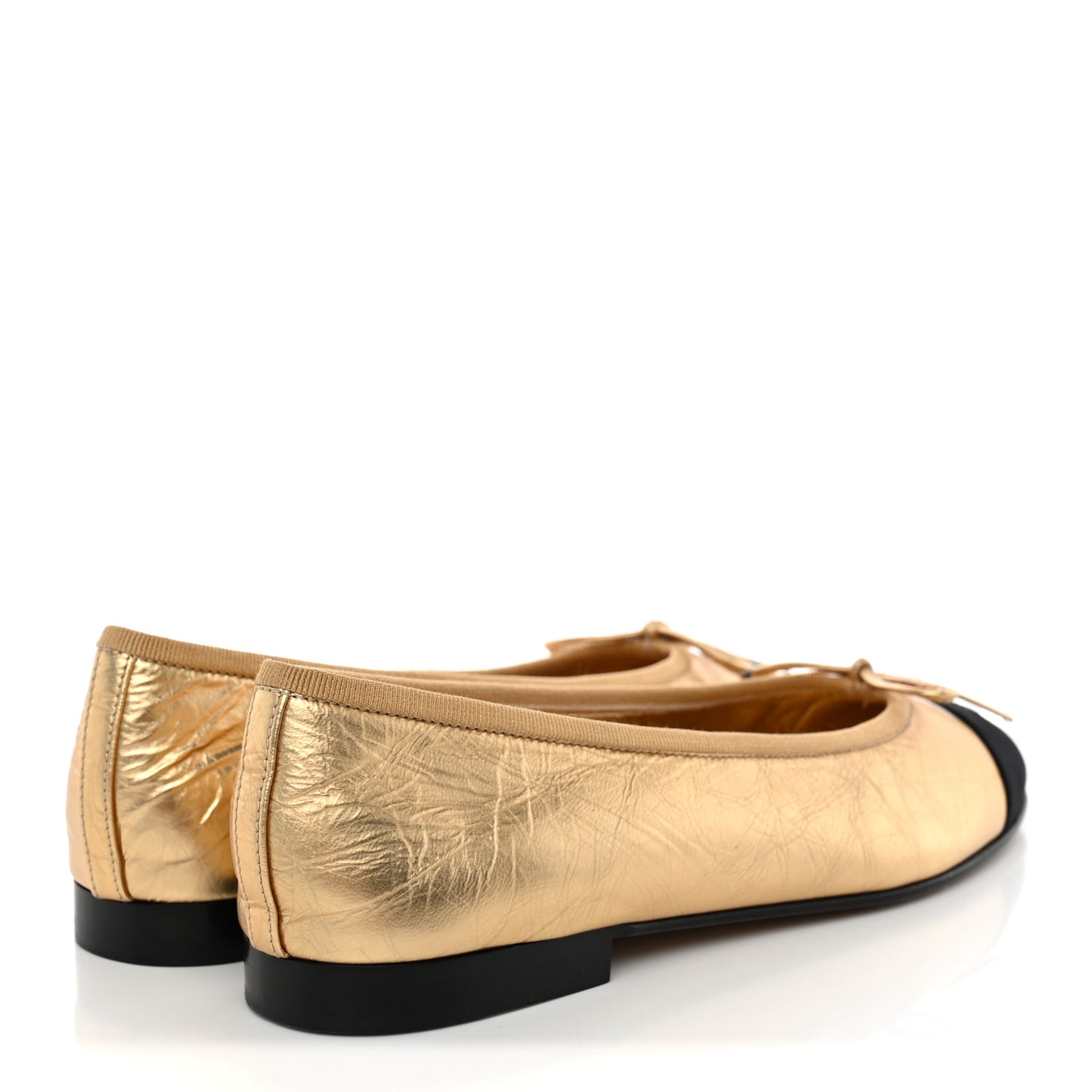 Metallic Laminated Lambskin Grosgrain CC Cap Toe Ballerina Flats 38 Dark Gold Black
