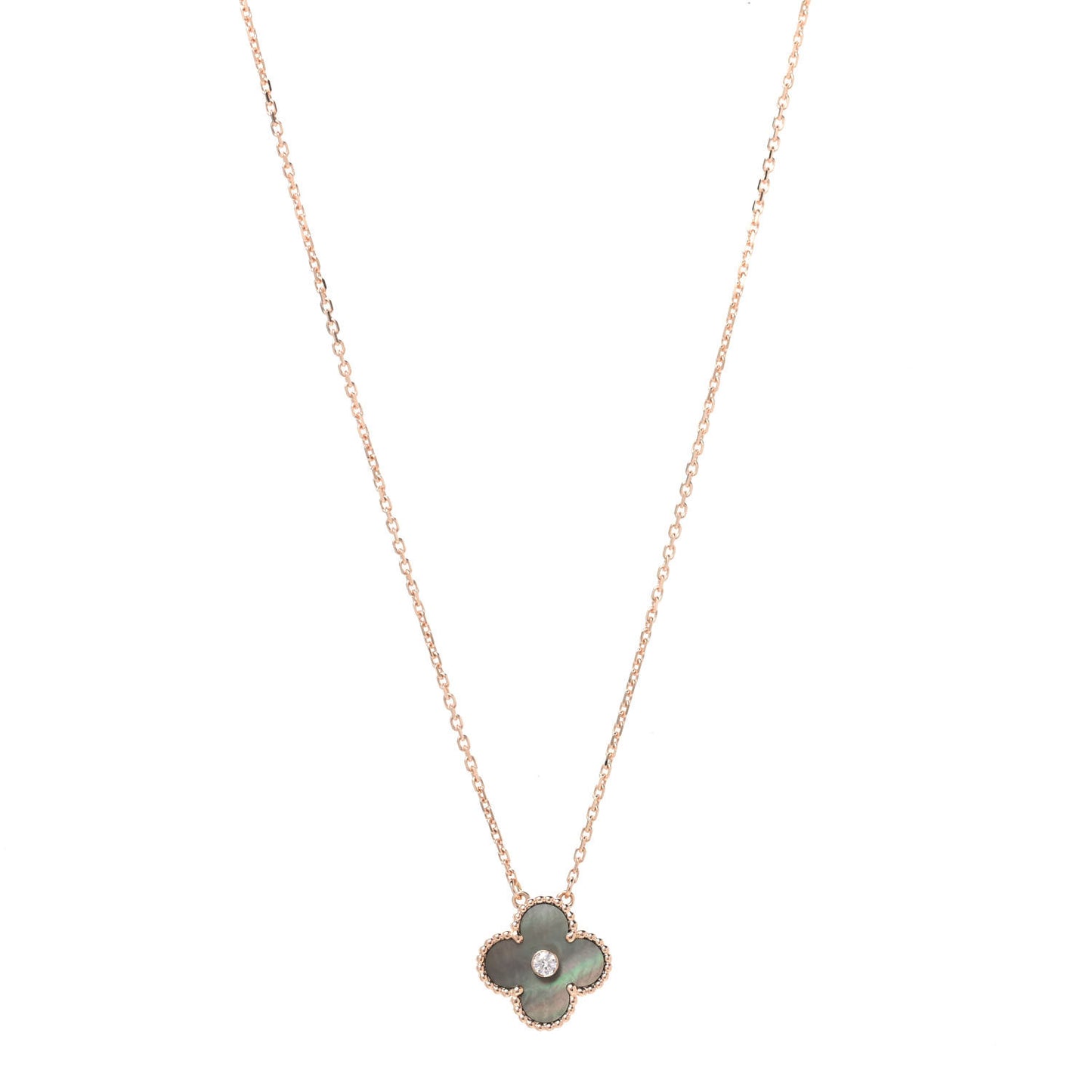 18K Rose Gold Diamond Grey Mother of Pearl Vintage Alhambra Pendant Necklace
