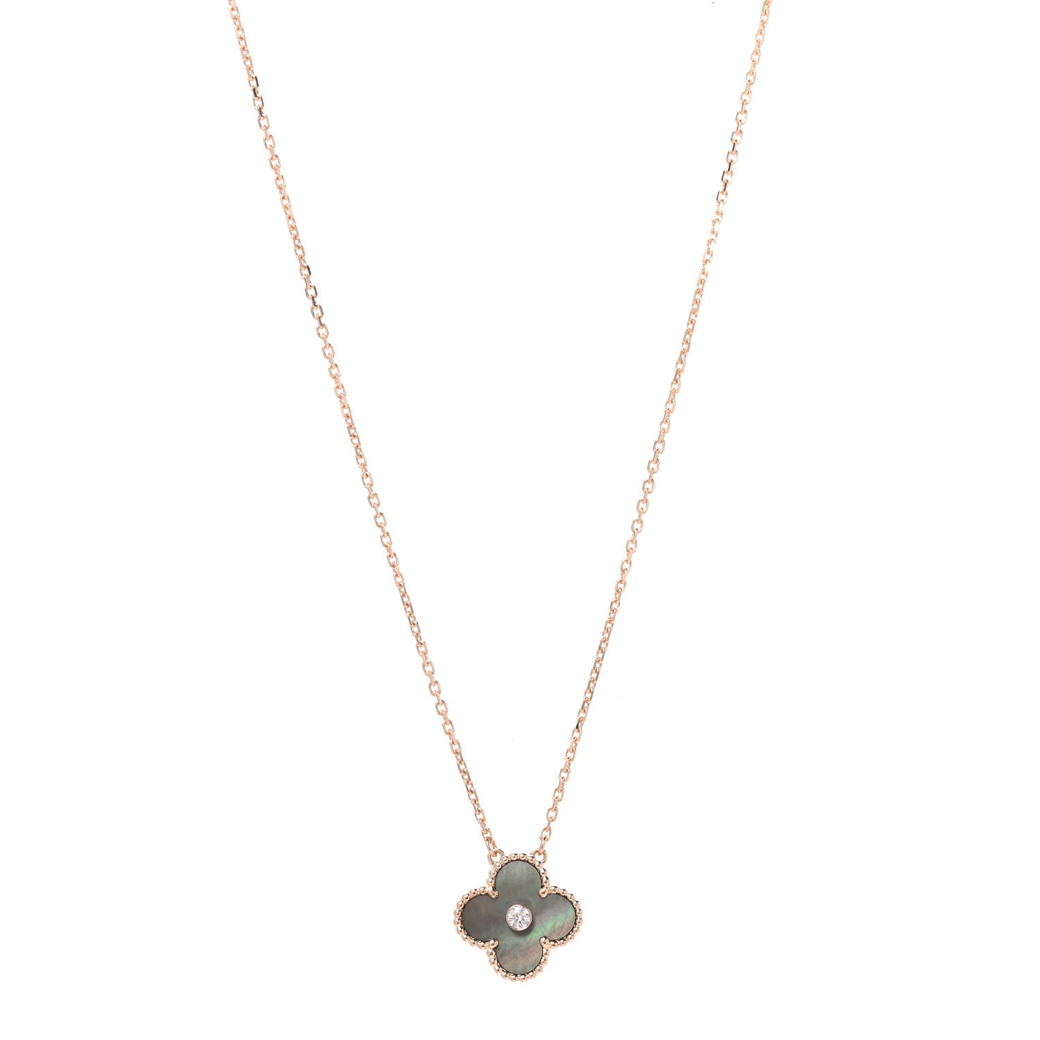 Van Cleef & Arpels 18K Rose Gold Diamond Grey Mother of Pearl Vintage Alhambra Pendant Necklace 1 of 6