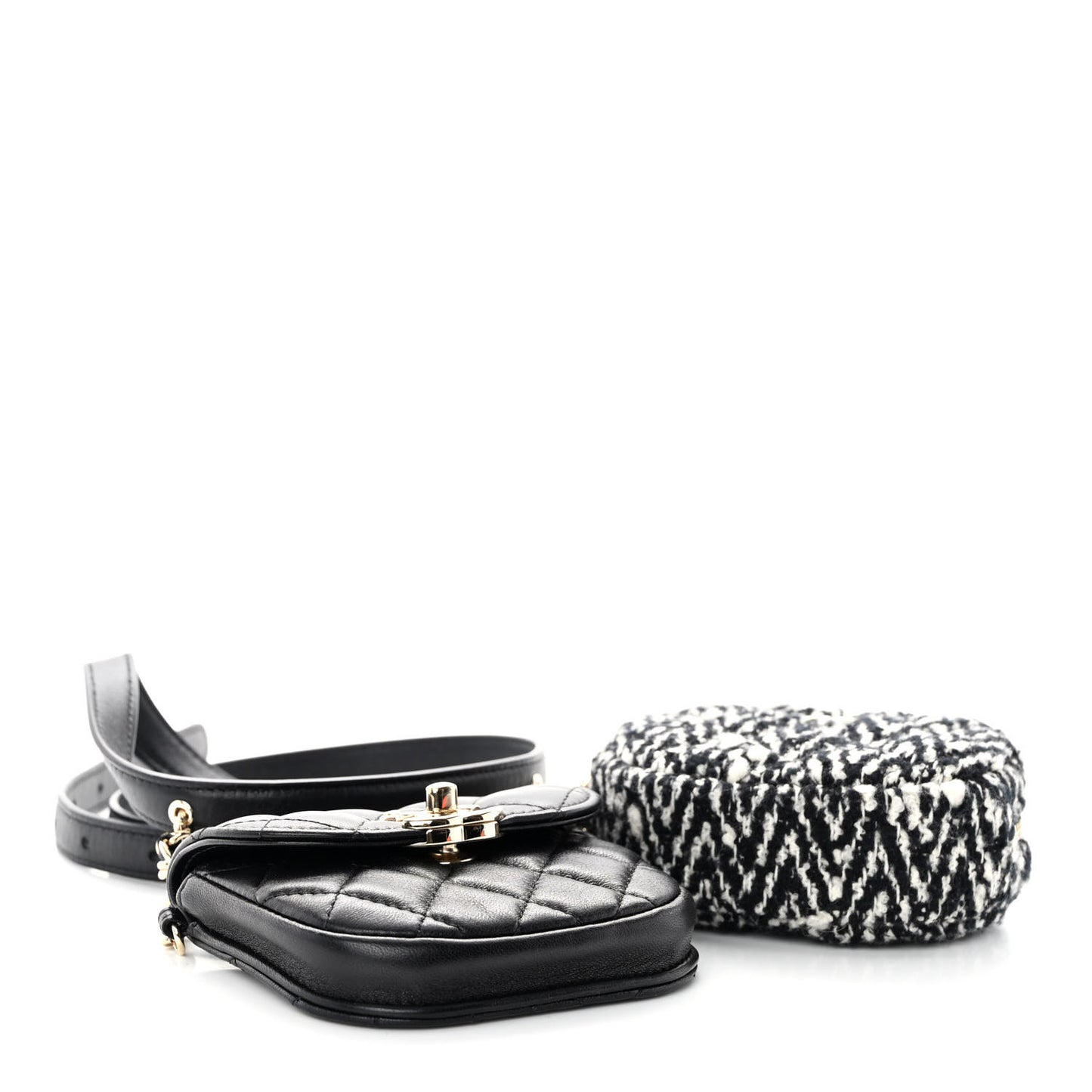 Tweed Lambskin Quilted Waist Bag With Coin Purse Black