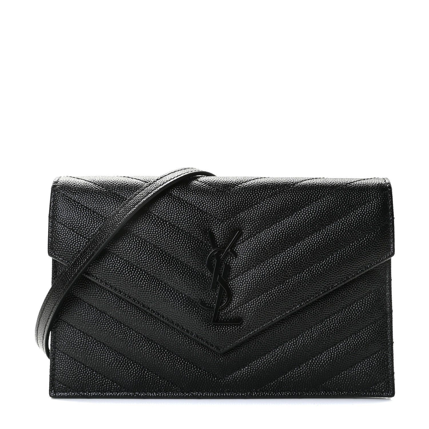Saint Laurent Grain De Poudre Matelasse Chevron Monogram Monochrome Envelope Chain Wallet Black 1 of 6