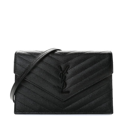 Saint Laurent Grain De Poudre Matelasse Chevron Monogram Monochrome Envelope Chain Wallet Black 1 of 6