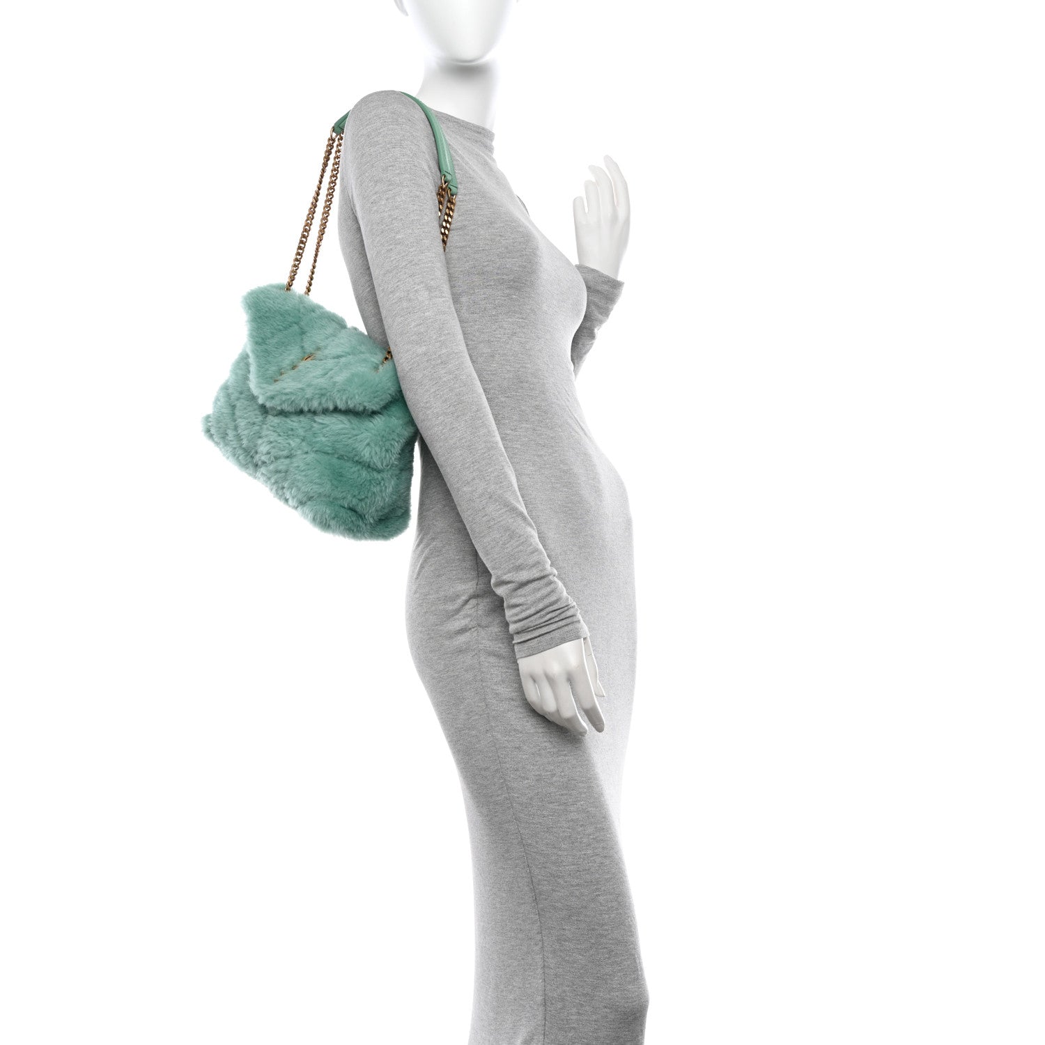 Saint Laurent Merino Shearling Lambskin Quilted Small Loulou Puffer Monogram Chain Satchel Iced Mint 2 of 10