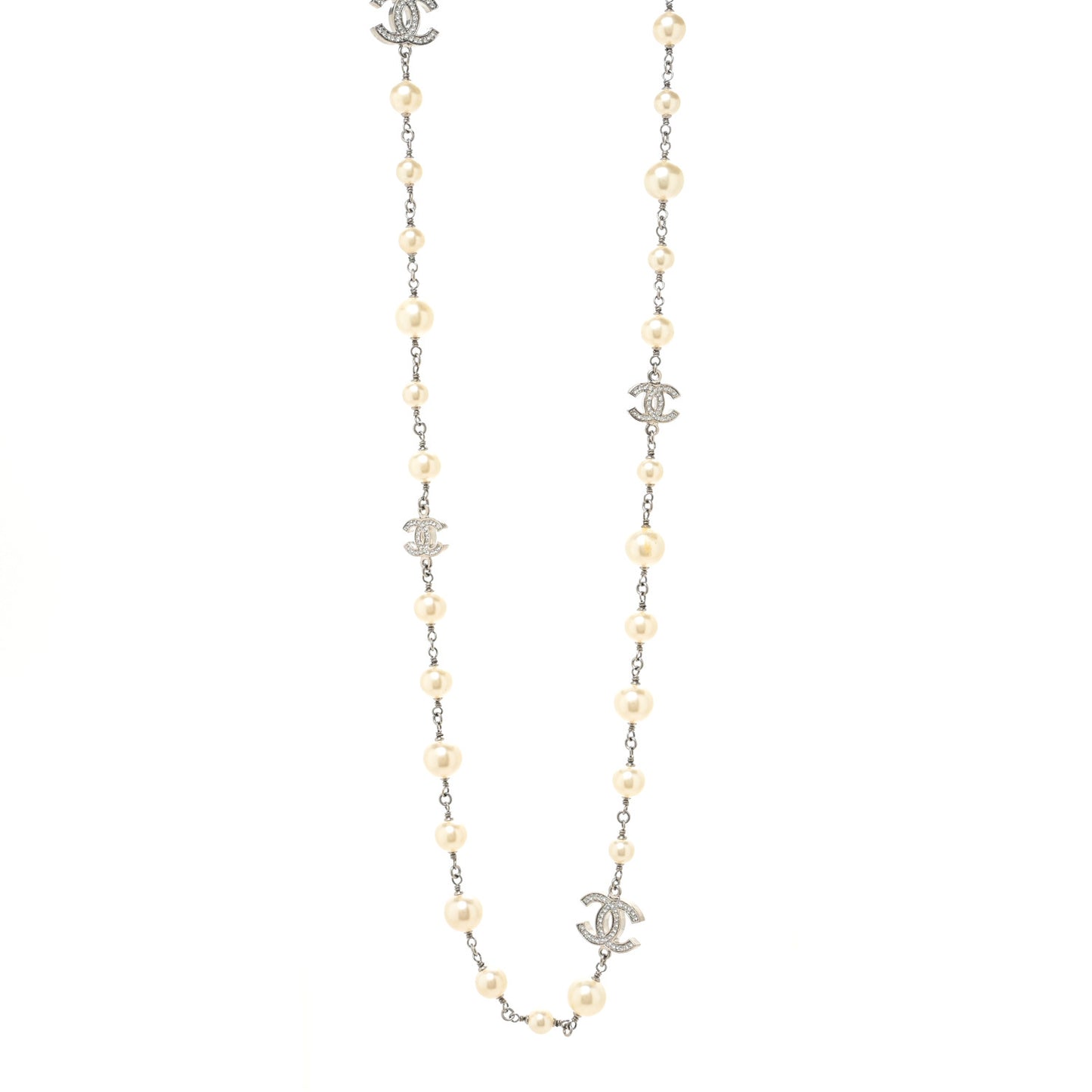 Graduated Pearl Crystal CC Long Necklace Silver