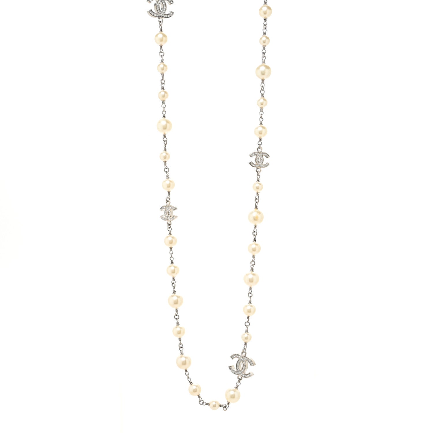Chanel Graduated Pearl Crystal CC Long Necklace Silver 1 of 4