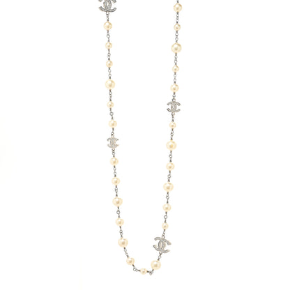 Chanel Graduated Pearl Crystal CC Long Necklace Silver 1 of 4