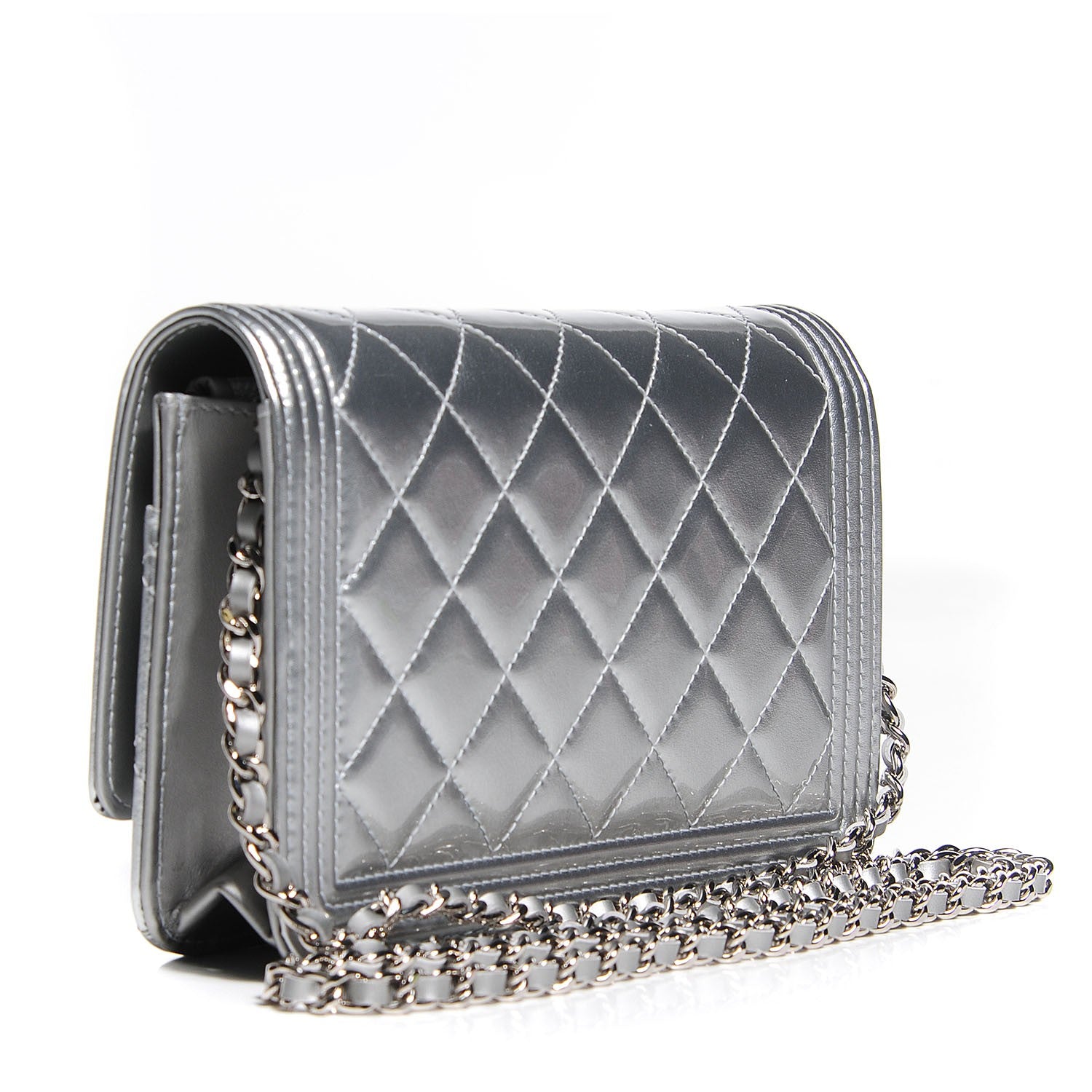 Chanel Metallic Patent Calfskin Quilted Boy Wallet on Chain WOC Silver 3 of 8