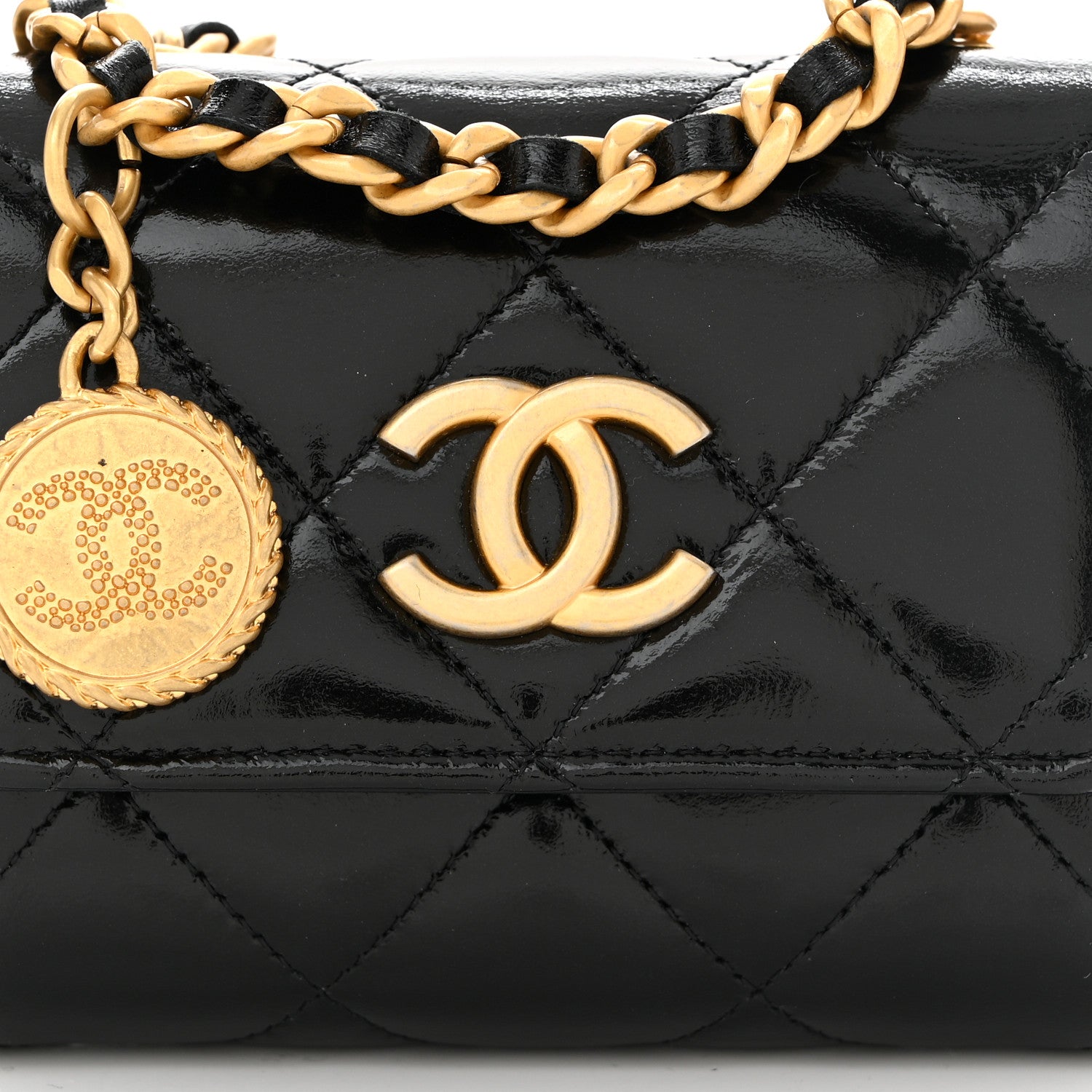 Chanel Shiny Lambskin Quilted Medallion Card Holder On Chain Black 8 of 10
