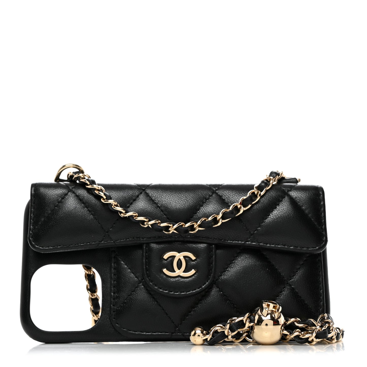 Lambskin Quilted Pearl Crush iPhone XII Pro Holder With Chain Black
