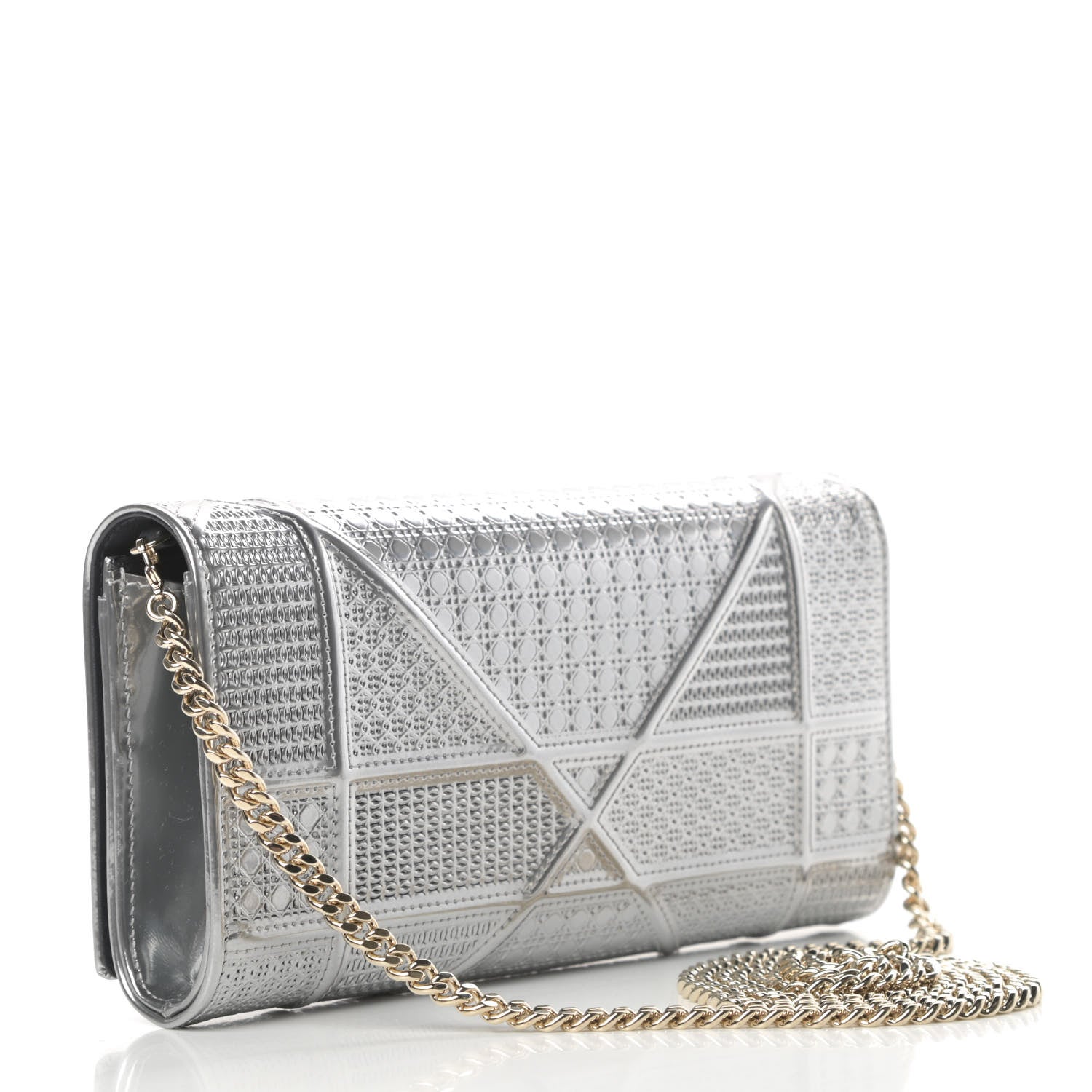 Christian Dior Metallic Patent Micro-Cannage Diorama Croisiere Chain Wallet Silver 3 of 10