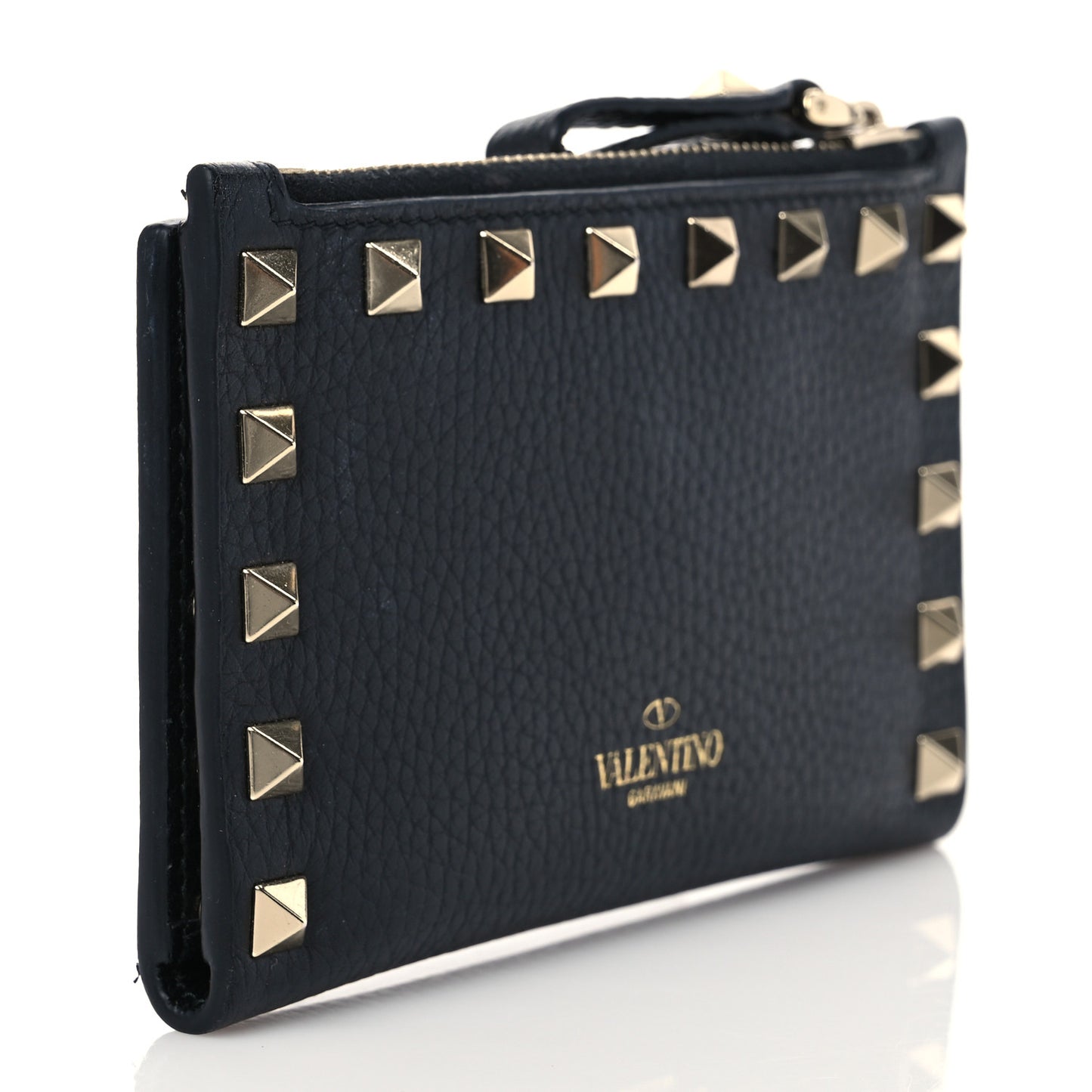 Grainy Calfskin Rockstud Coin Purse Card Holder Black