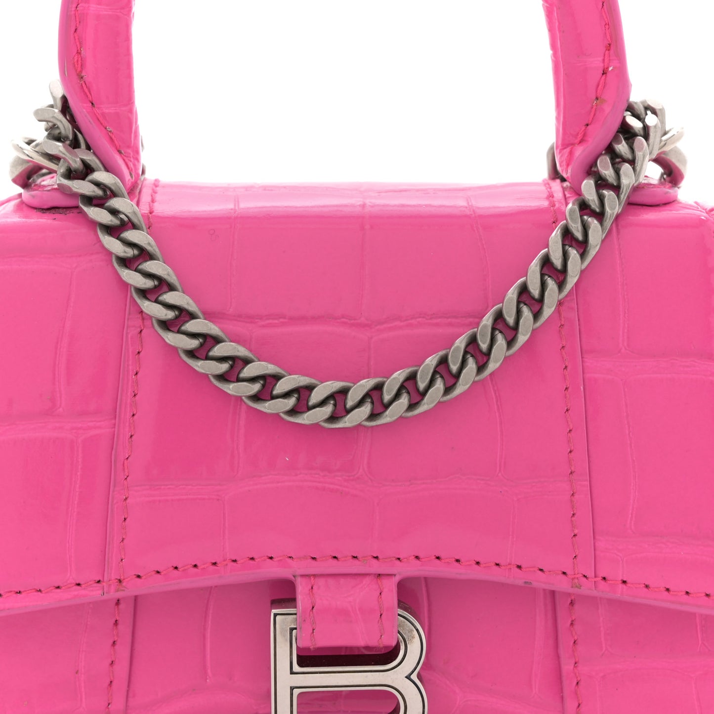 Shiny Calfskin Crocodile Embossed Hourglass Top Handle Bag Mini with Chain Neon Pink