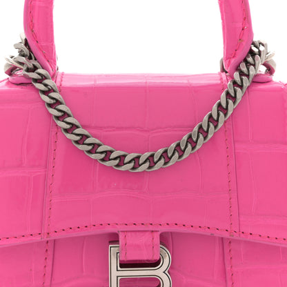 Balenciaga Shiny Calfskin Crocodile Embossed Hourglass Top Handle Bag Mini with Chain Neon Pink 8 of 13