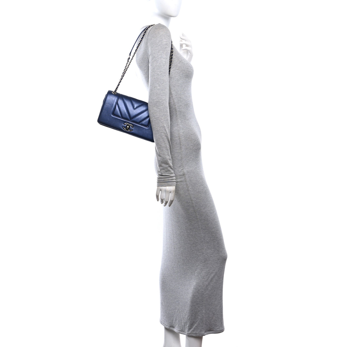 Chanel Metallic Sheepskin Chevron Quilted Medium Vintage Mademoiselle Flap Navy 2 of 10