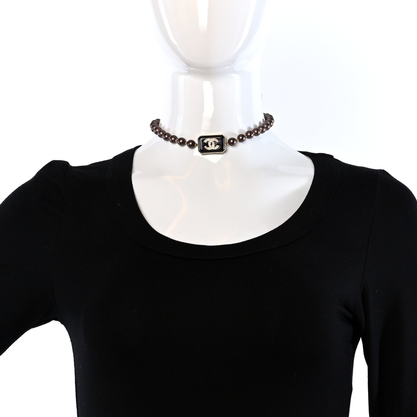 Pearl Crystal CC Choker Necklace Brown Gold