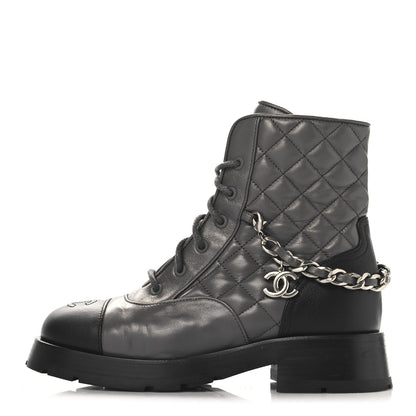 Chanel Calfskin Quilted Chain Lace Up Combat Boots 36.5 Grey Black 1 of 8