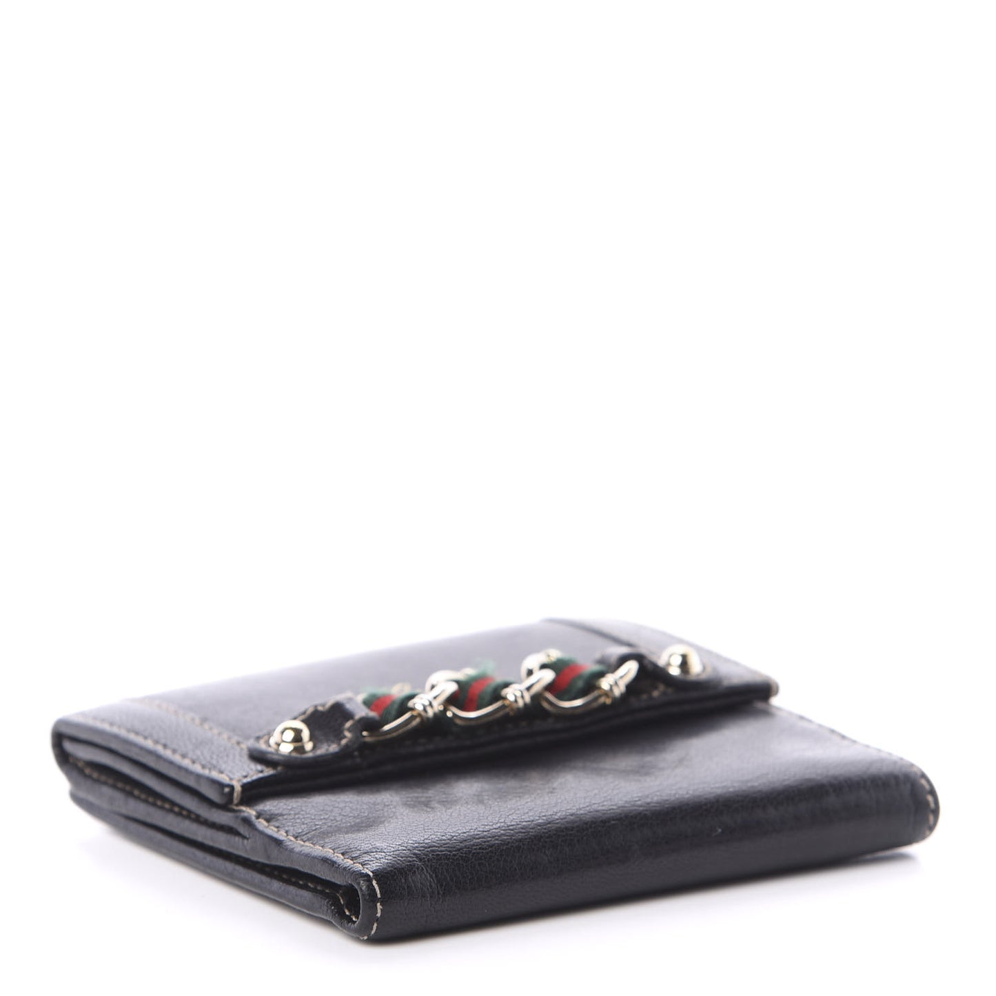 Calfskin Web Chain Compact Wallet Black