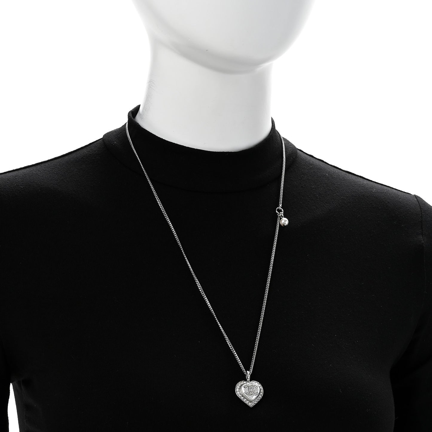 Crystal Pearl CC Heart Necklace Silver