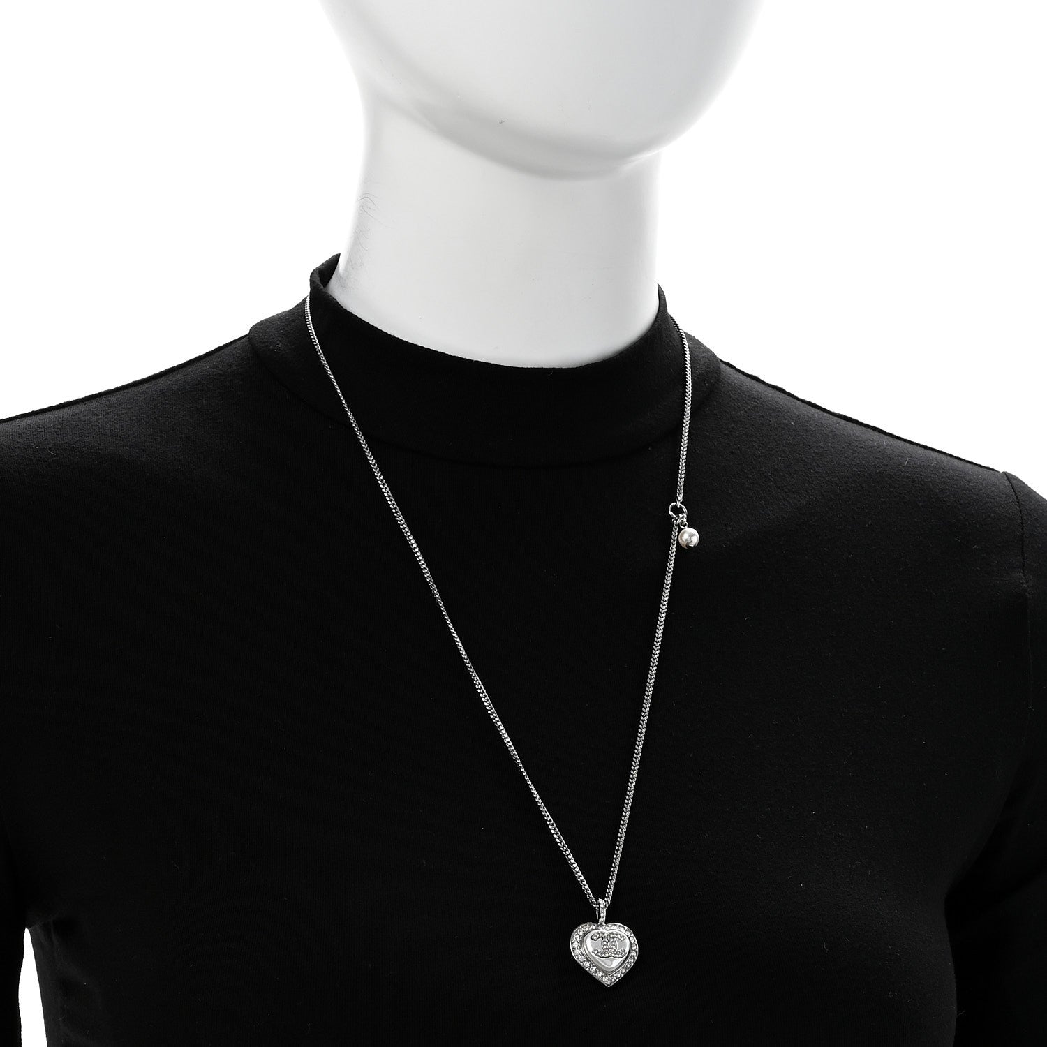 Chanel Crystal Pearl CC Heart Necklace Silver 2 of 6