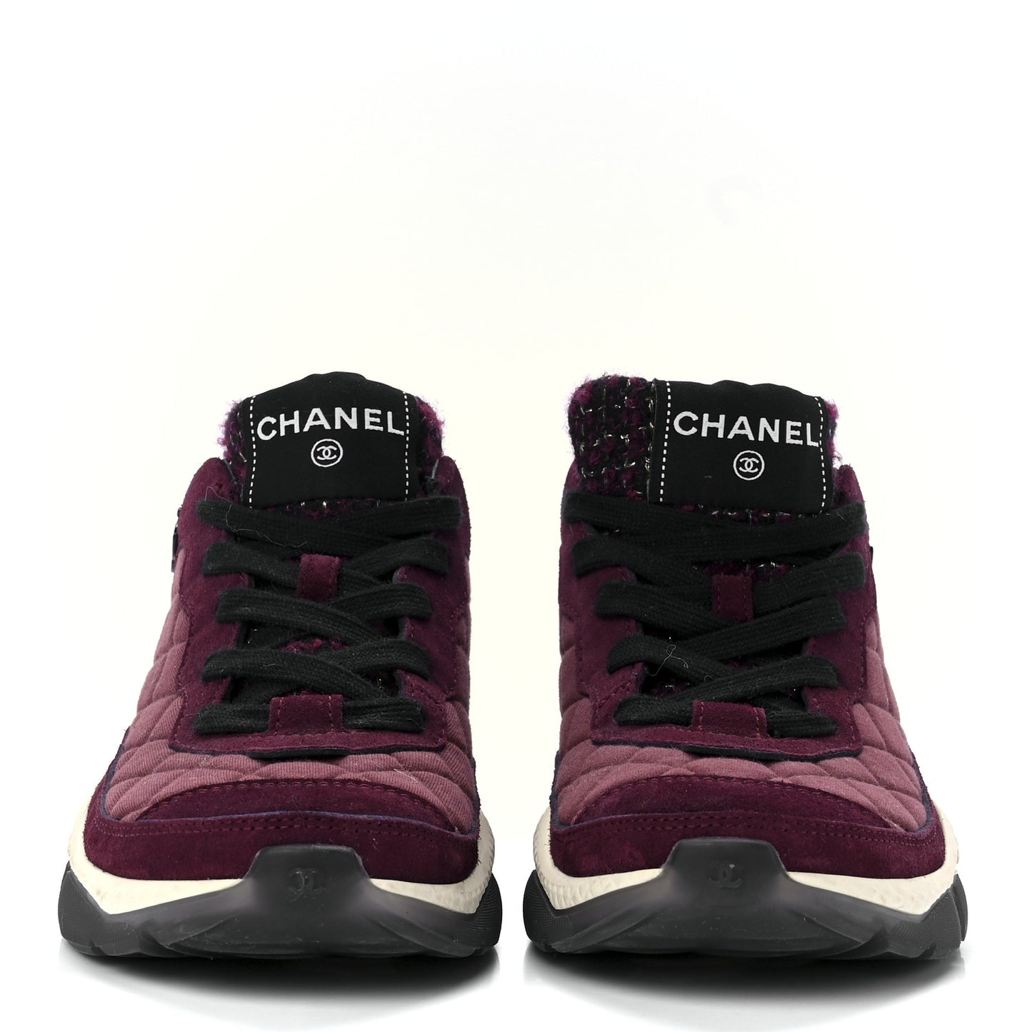 Tweed Suede Calfskin Grained Calfskin Womens CC Sneakers 35.5 Burgundy Black Silver