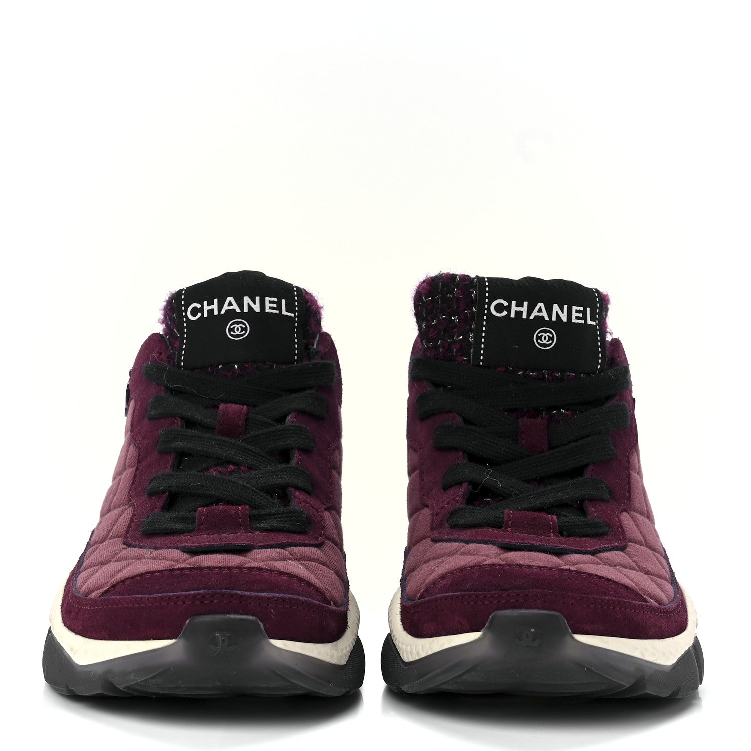 Chanel Tweed Suede Calfskin Grained Calfskin Womens CC Sneakers 35.5 Burgundy Black Silver 2 of 8