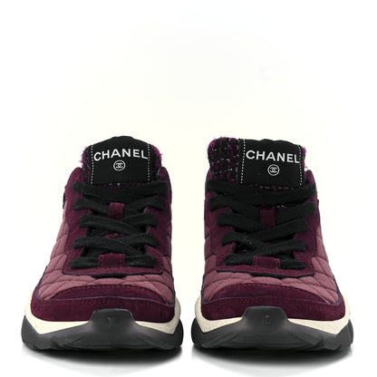 Chanel Tweed Suede Calfskin Grained Calfskin Womens CC Sneakers 35.5 Burgundy Black Silver 2 of 8