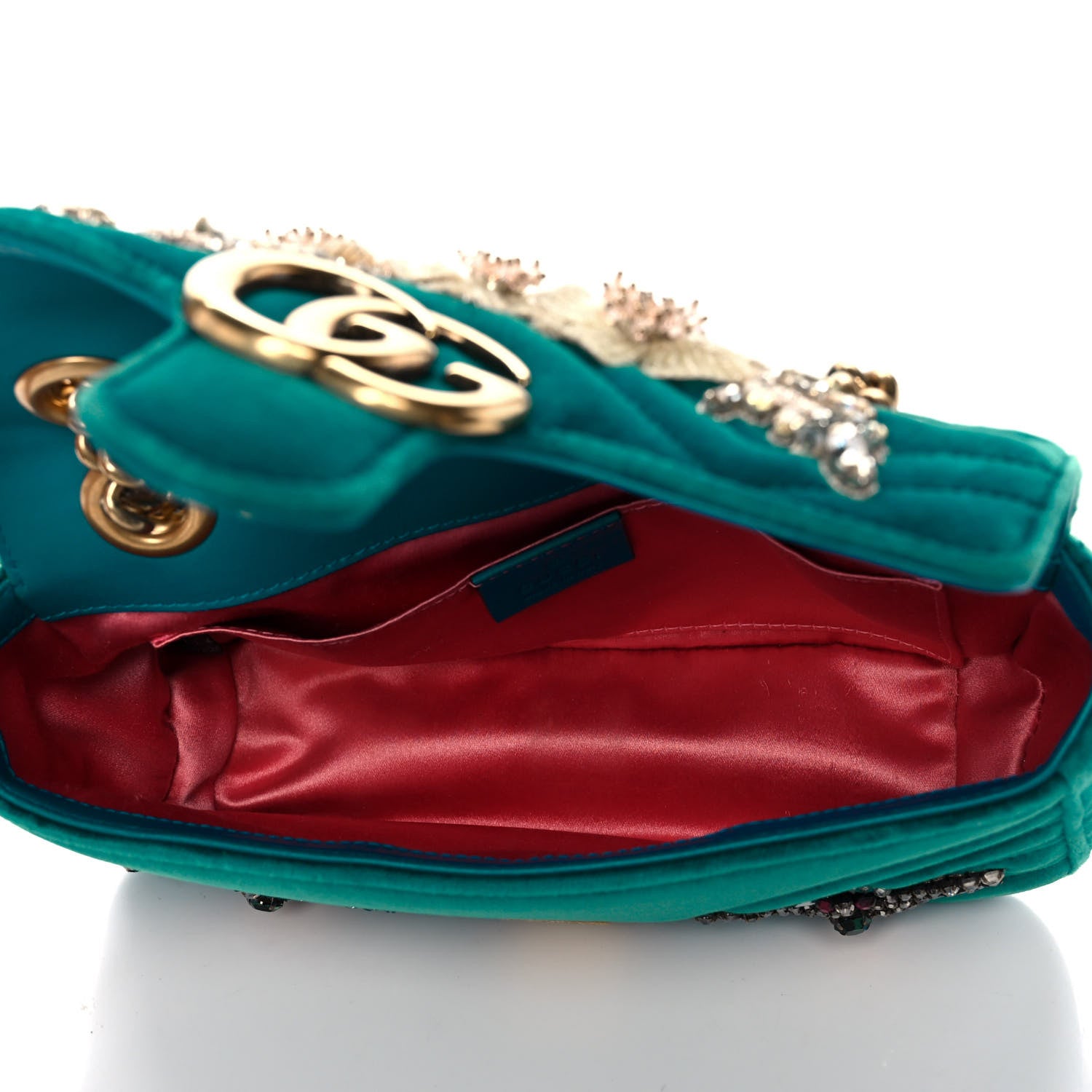 Gucci Velvet Matelasse Embroidered Mini GG Marmont Shoulder Bag Pavone Cyan 5 of 13