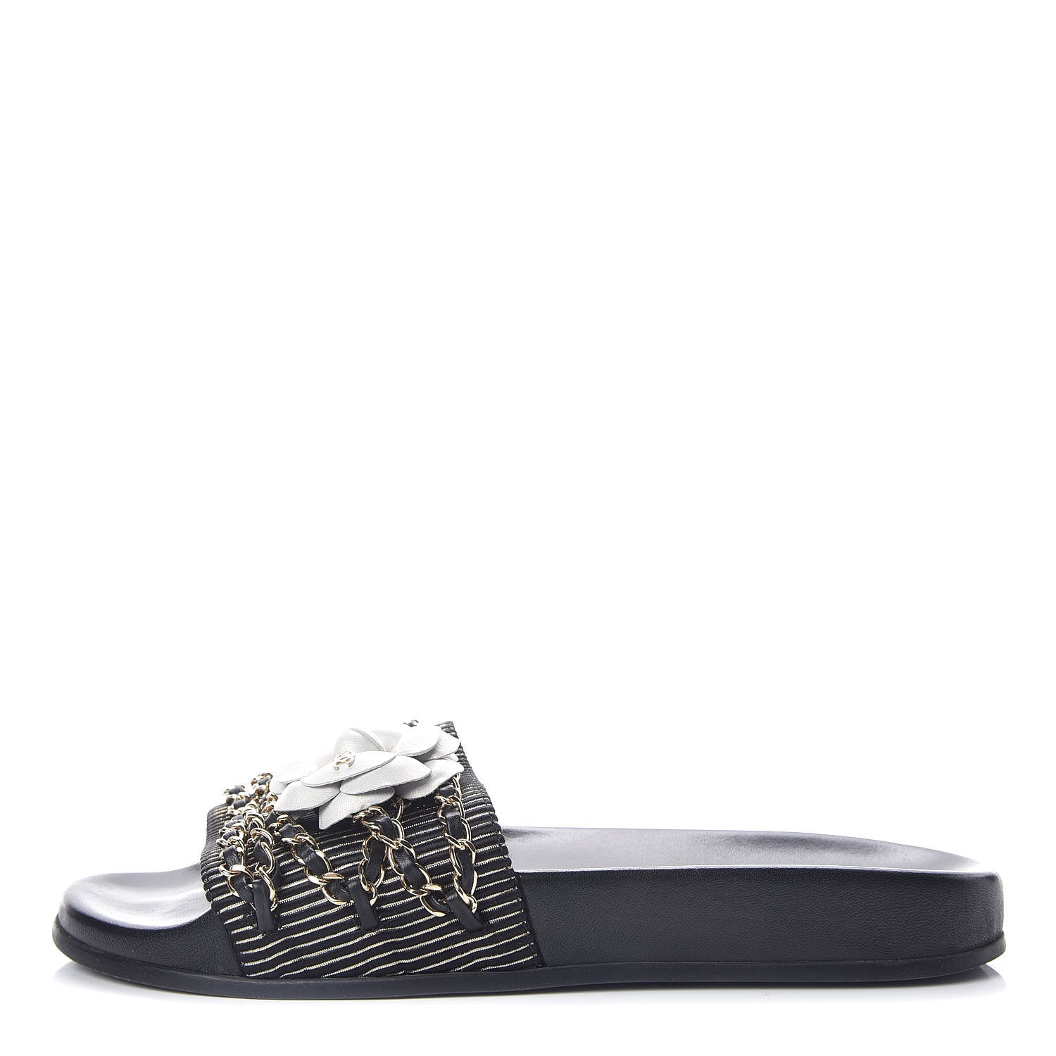 Chanel Calfskin Chain Camellia Flat Sandals 40 Black 1 of 8