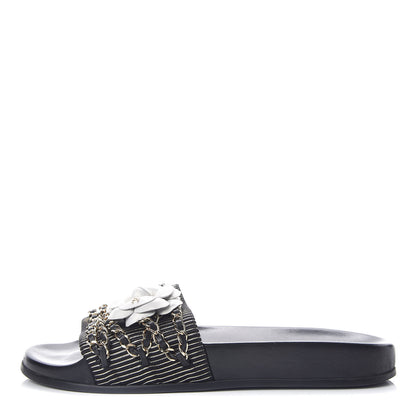 Chanel Calfskin Chain Camellia Flat Sandals 40 Black 1 of 8