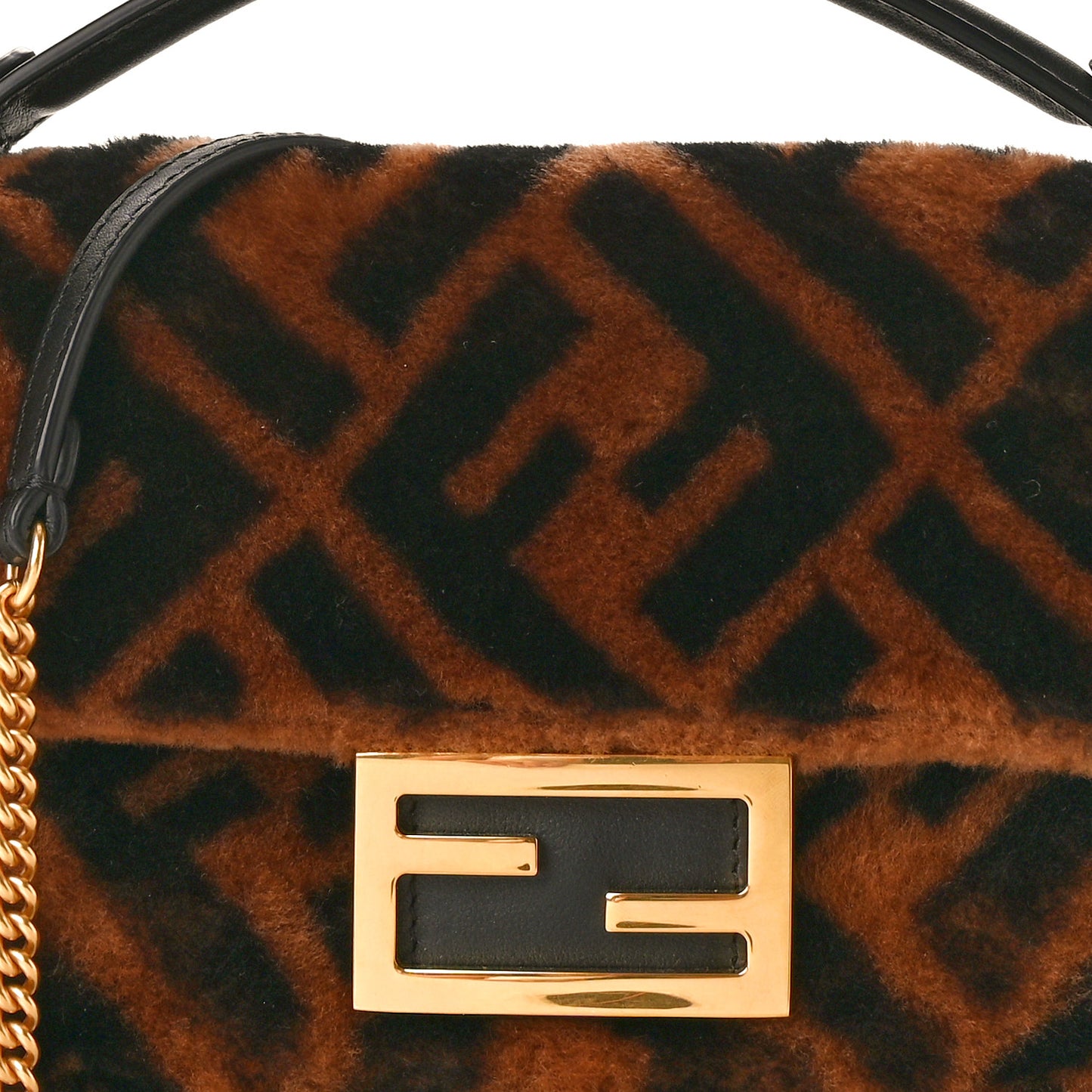 Shearling Vitello Dolce Macro FF 1974 Mini Baguette Tobacco Black