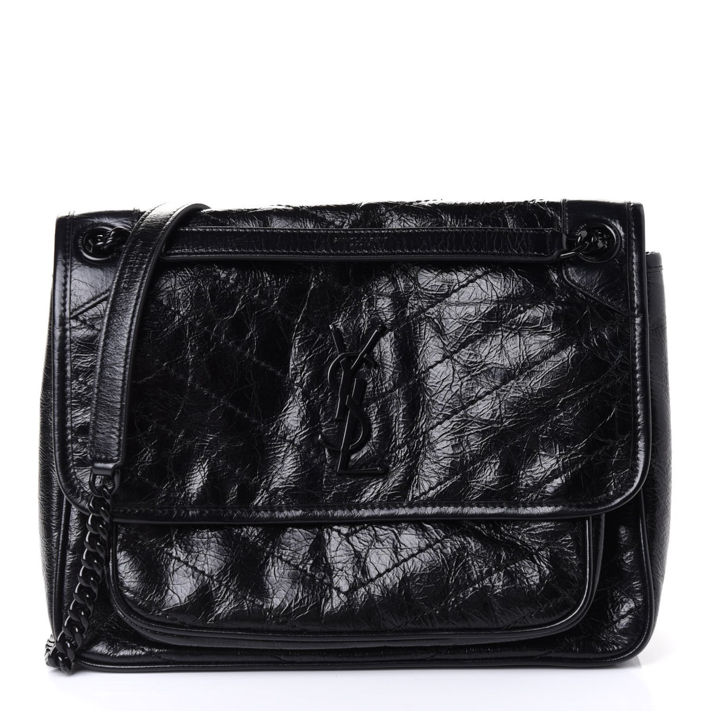 Crinkled Calfskin Matelasse Monogram Medium Niki Chain Satchel Black