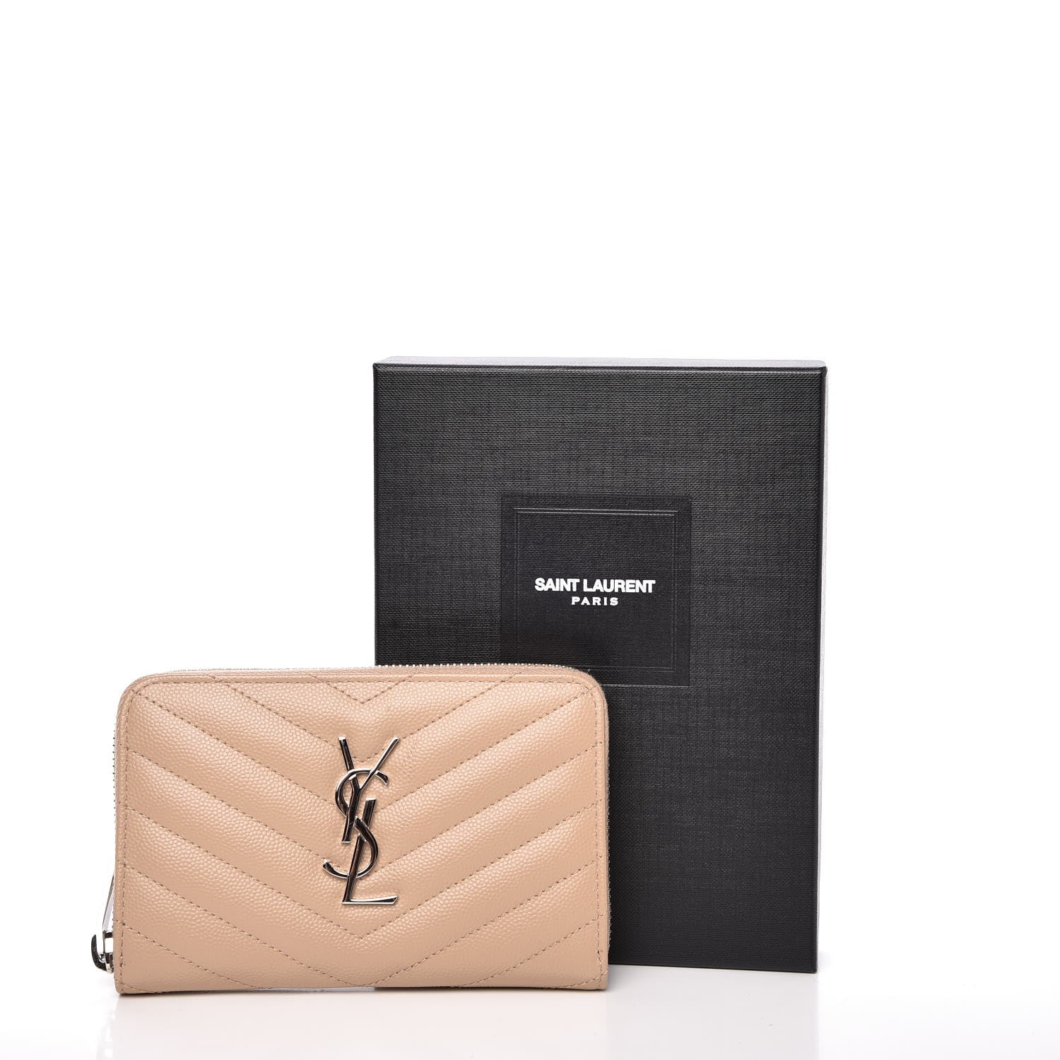 Saint Laurent Grain De Poudre Matelasse Chevron Monogram Zip Around Wallet Dark Beige 8 of 8