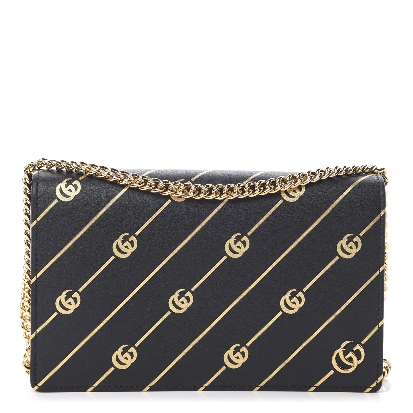 Calfskin Diagonal GG Mini Chain Wallet Black Gold