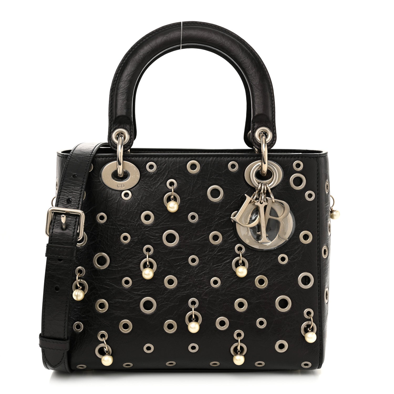 Christian Dior Crinkled Calfskin Studded Pearls Medium Lady Dior Black 1 of 10