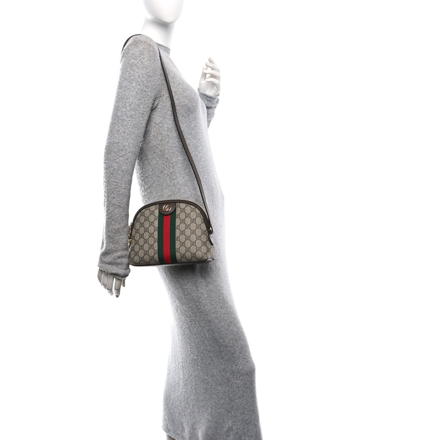 Gucci GG Supreme Monogram Textured Dollar Calfskin Web Small Ophidia Dome Shoulder Bag Beige Ebony New Acero 2 of 12
