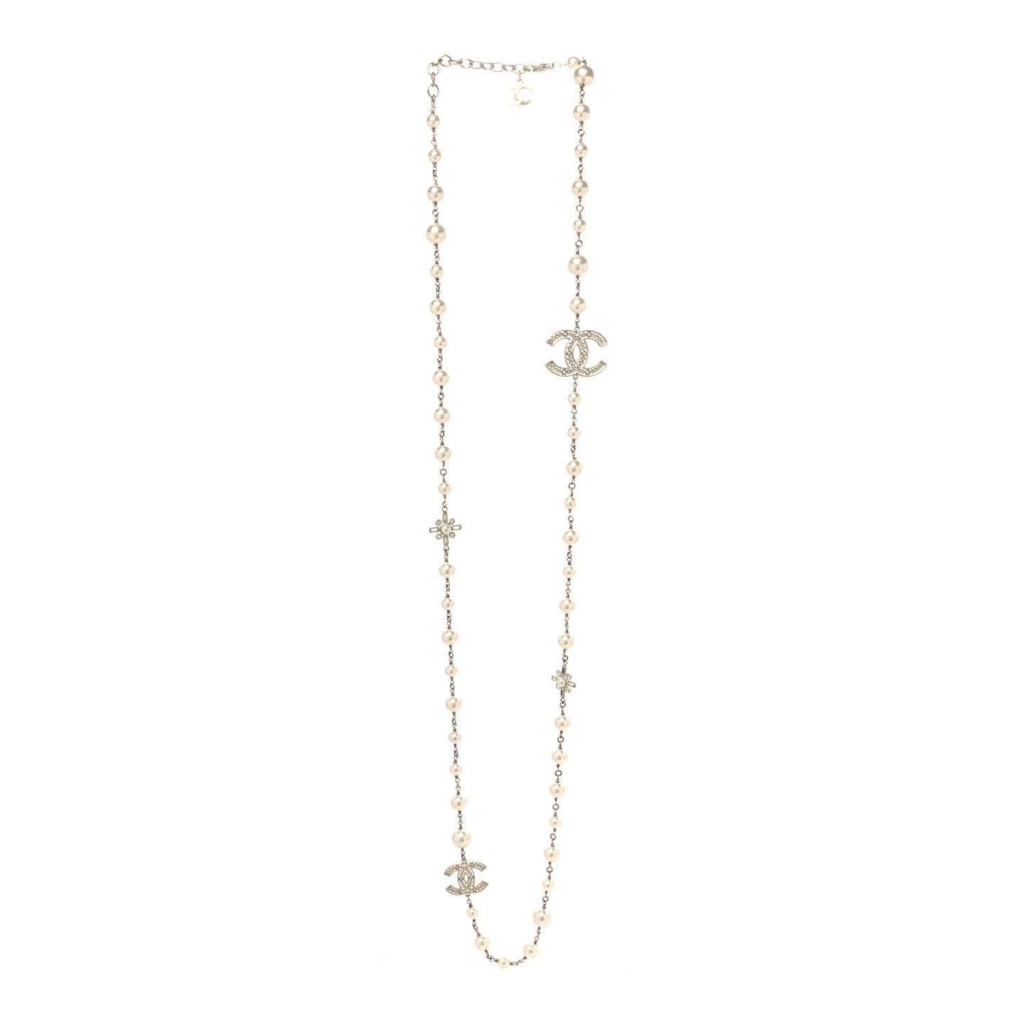 Crystal Baguette Pearl CC Cross Necklace Gold