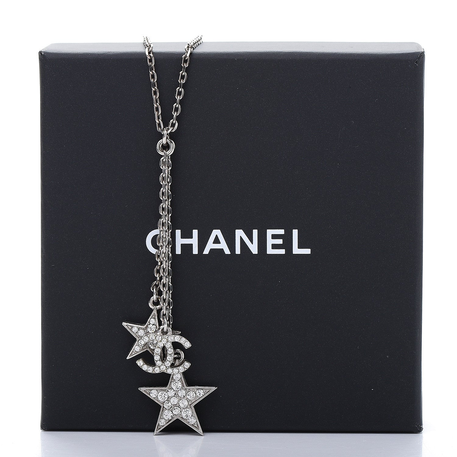 Chanel Crystal Glitter Enamel CC Star Drop Necklace Silver 7 of 7