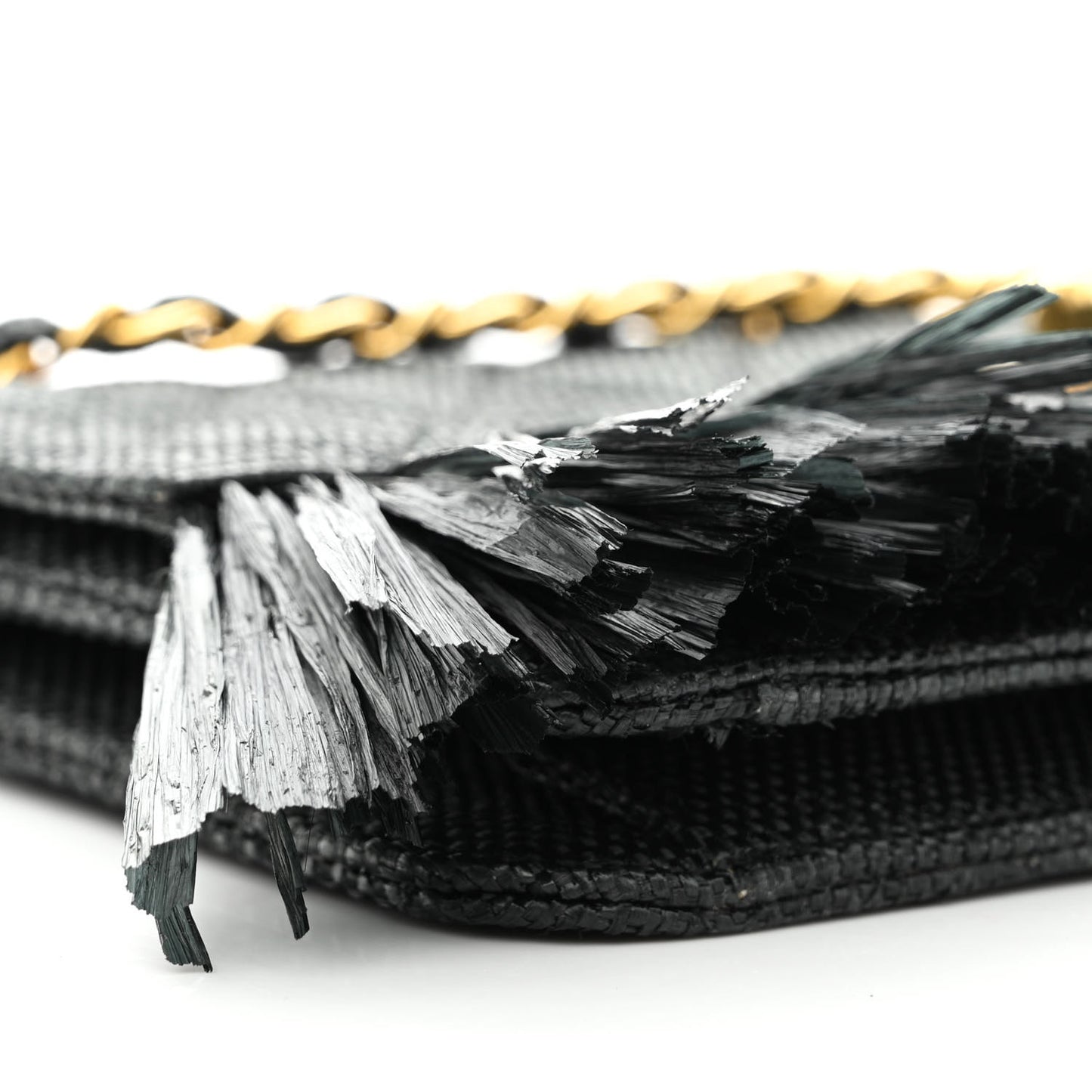 Woven Raffia Quilted CC Fringe Flap Black
