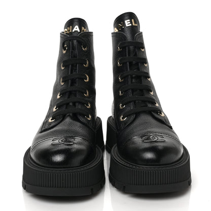 Chanel Calfskin CC Lace Up Combat Boots 38 Black 2 of 8