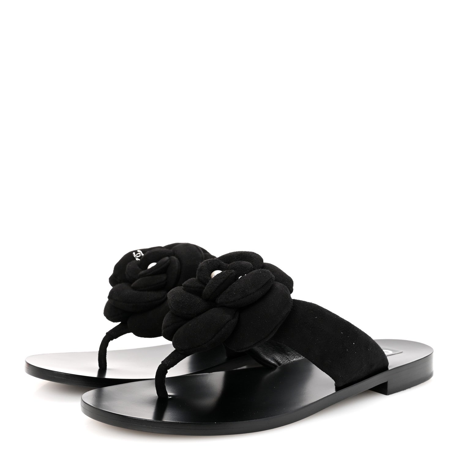 Chanel Suede Kidskin Pearl Camellia Thong Sandals 38.5 Black 4 of 10