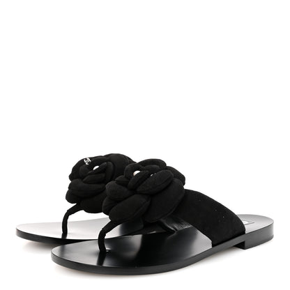 Chanel Suede Kidskin Pearl Camellia Thong Sandals 38.5 Black 4 of 10