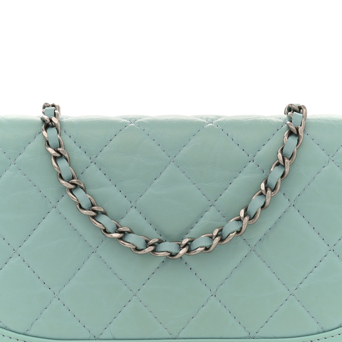 Aged Calfskin Quilted Gabrielle Wallet On Chain WOC Light Blue