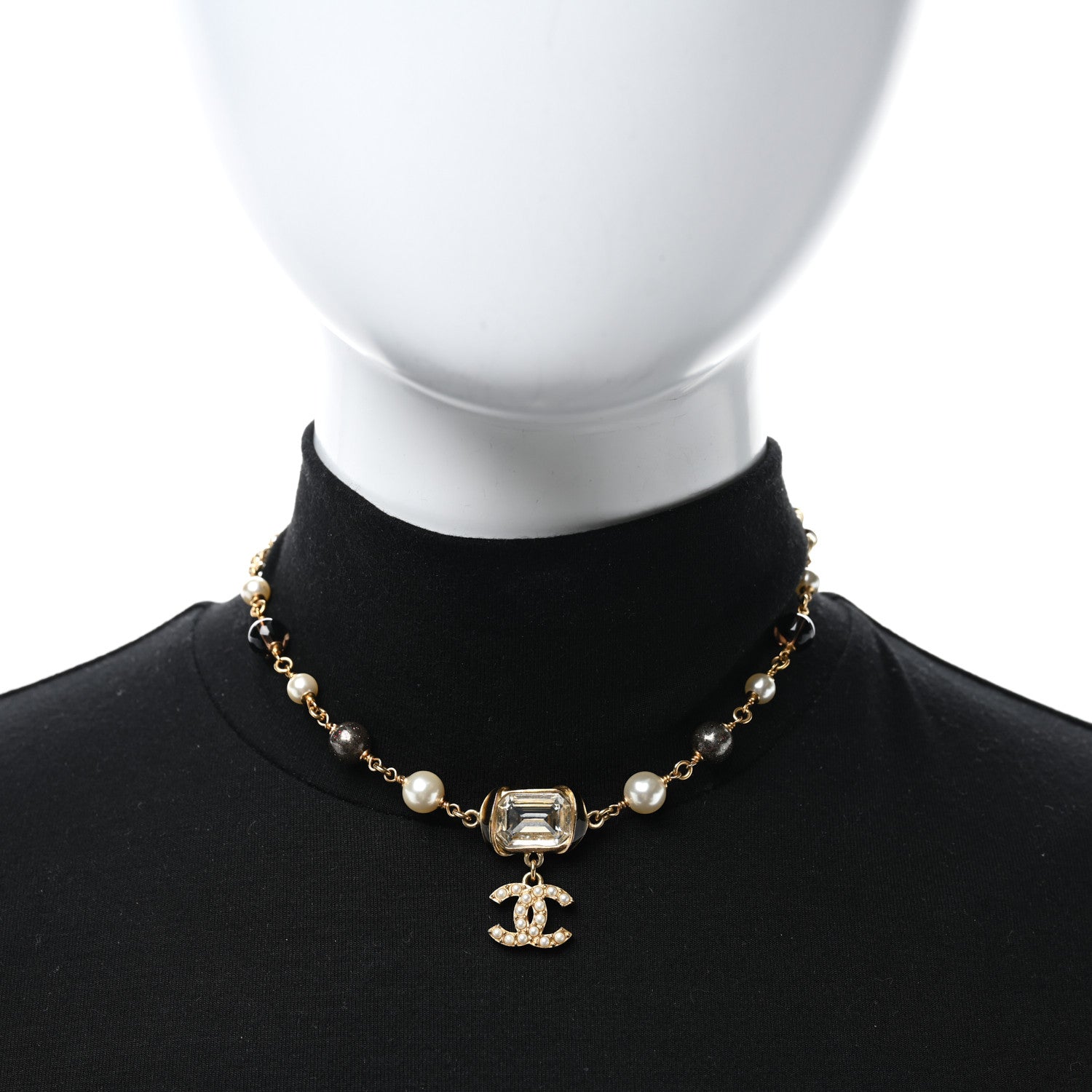 Chanel Graduated Pearl Crystal CC Short Necklace Gold Black Grey 2 of 5