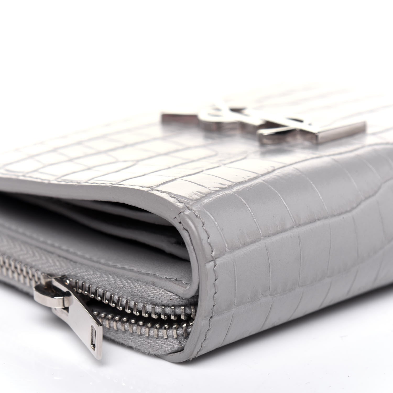 Saint Laurent Calfskin Crocodile Embossed Monogram Compact Wallet Mouse Grey 8 of 11