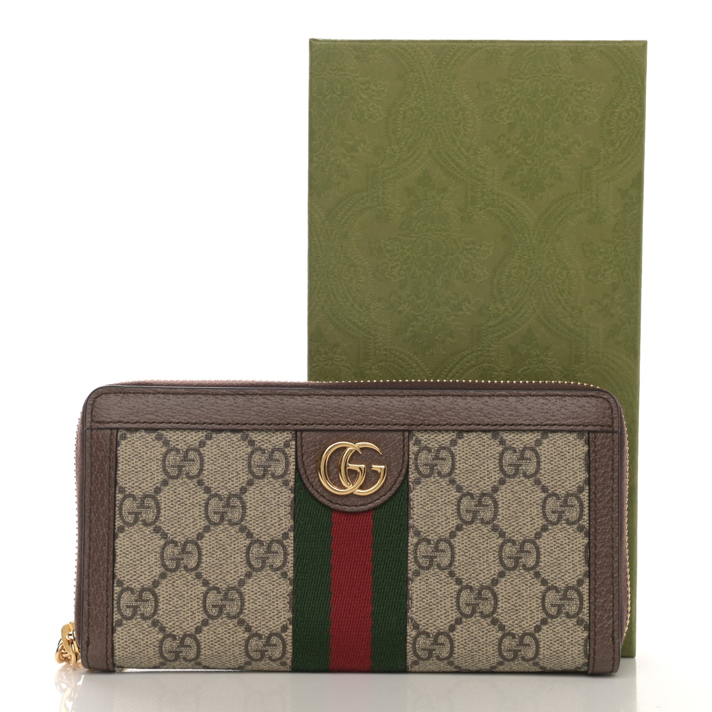 GG Supreme Monogram Web Ophidia Zip Around Wallet Brown
