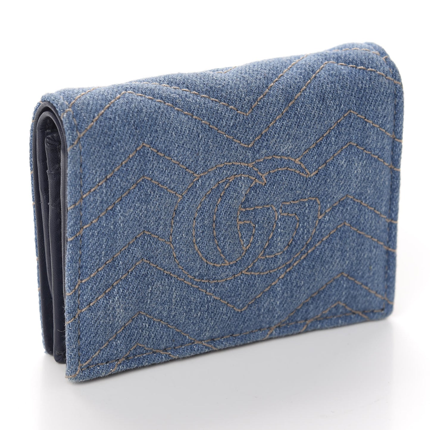 Denim Matelasse Pearly GG Marmont Card Case Wallet Blue