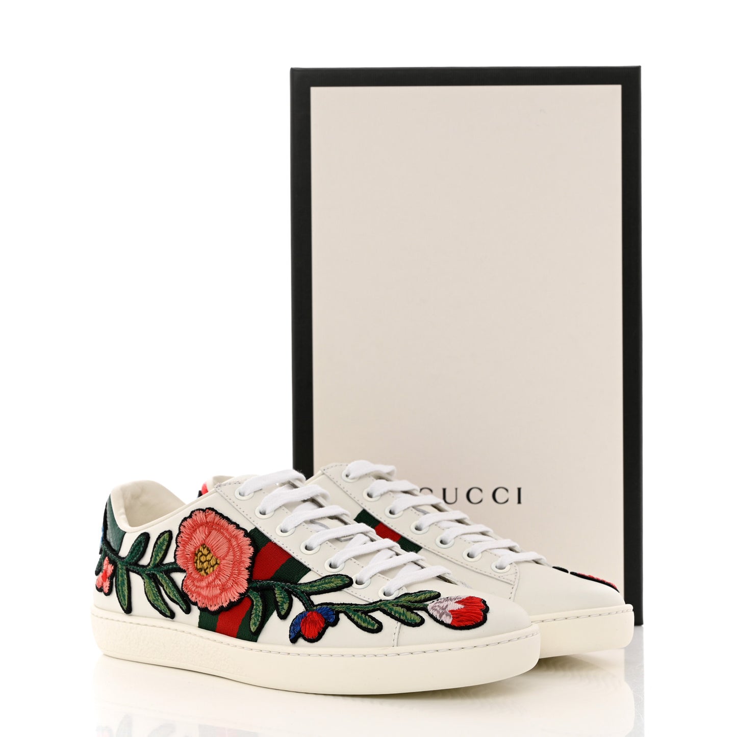 Calfskin Web Floral Embroidered Womens Ace Sneakers 36.5 White
